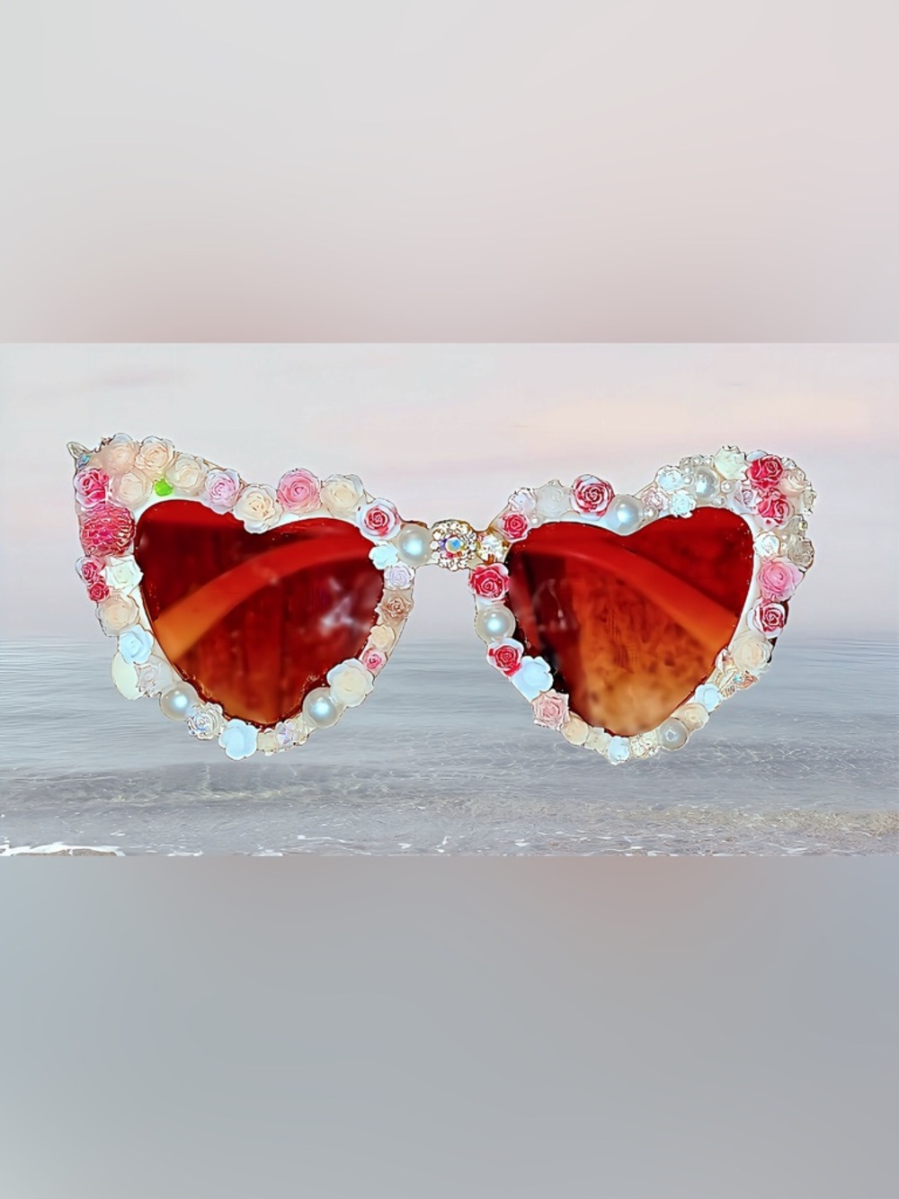 New Handmade Heart Sunglasses adorned with floral, pearl & jewel embellishments
